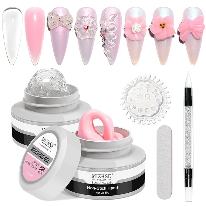 MIZHSE Non-Sticky Solid Builder Gel For Nails, 30g Clear and Pink Sculpting Building Carving Modeling Hard Gel for Nail Strengthen Nail Extension 3D Nail Art for Soak Off Manicure Kit DIY Home Gift