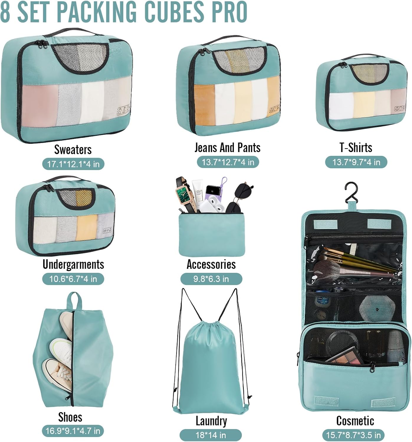 Veken 8 Set Packing Cubes for Travel Essentials, Suitcase Organizer Bags in 4 Sizes, Carry-On Luggage Accessories with Large Laundry & Hanging Toiletry Bag, Must-Have for Airplane, Road Trip & Camping