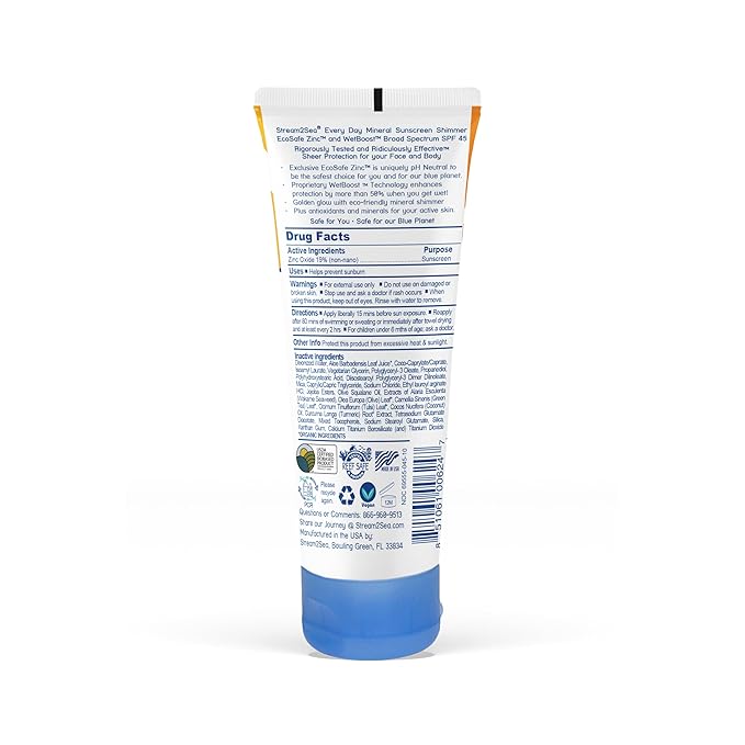 SPF 45 Every Day Shimmer Mineral Sunscreen | 2.5 Fl Oz Biodegradable, Paraben Free & Reef Safe Sunscreen | Non-Greasy, Lightweight & Shimmer Mineral Protection Against UVA & UVB for Face & Body
