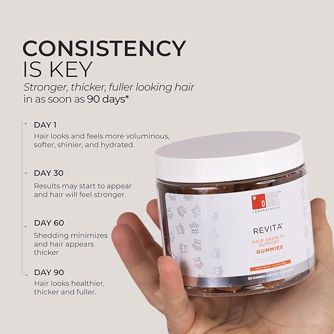 DS Labs Revita Hair Vitamin Gummies - Thickening & Strengthening Hair Supplement with Biotin, Zinc, Iron, Magnesium, Vitamin D & Melatonin, Fuller, Healthier-Looking Hair, Vegan & Gluten-Free