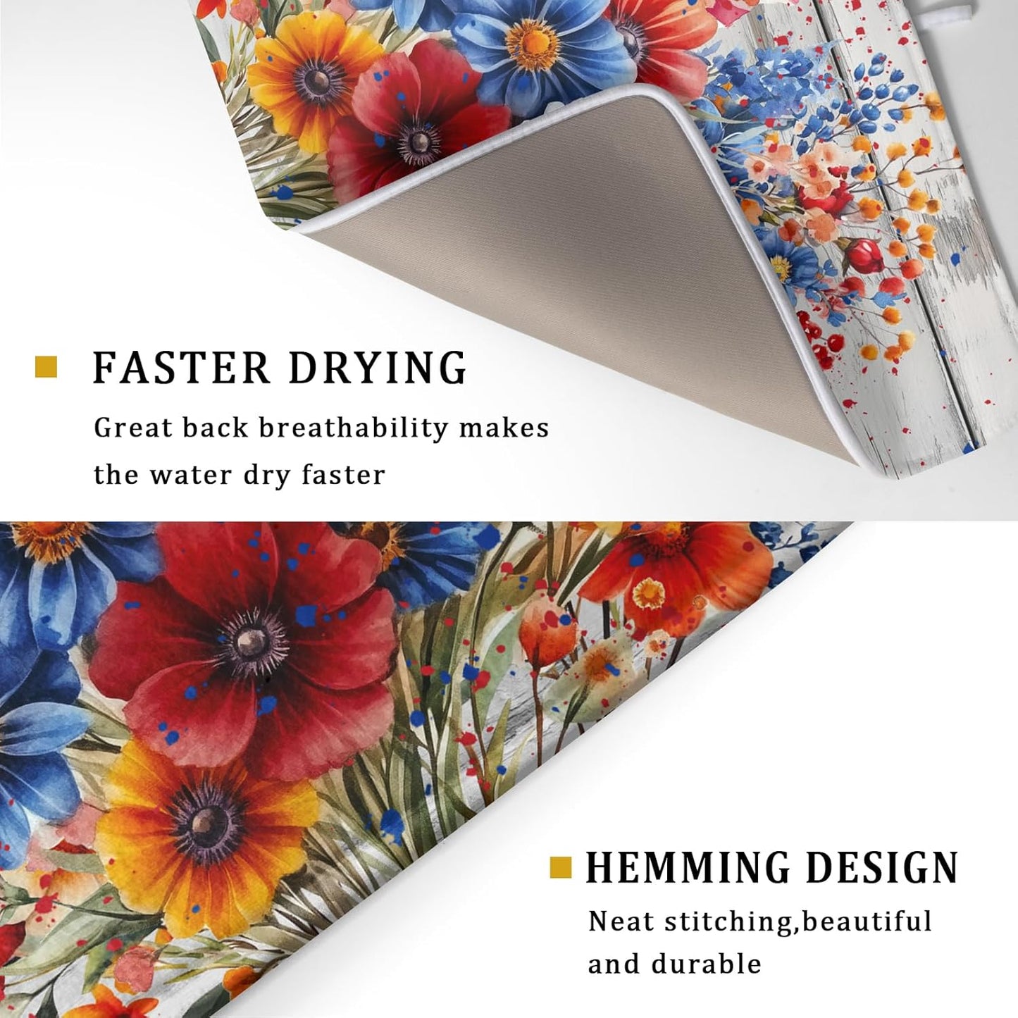 4th of July Dish Drying Mat 18x24 inch Patriotic Floral Fast Dry Microfiber Reversible Dish Drainer Rack Pad Kitchen Counter Accessories