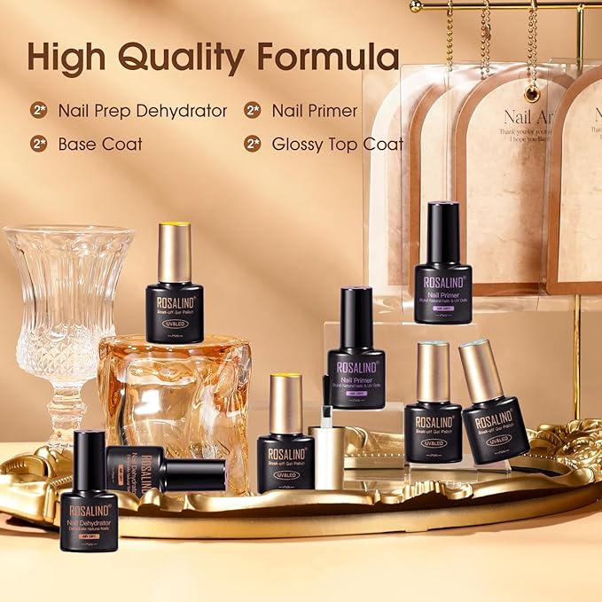 ROSALIND 8 PCS Dehydrator Nail Primer and Top & Base Coats Kit, Nail Strengthening System Superior Protein Bonding, Fast Air Dry for Acrylic Powders Nail Gel Polish