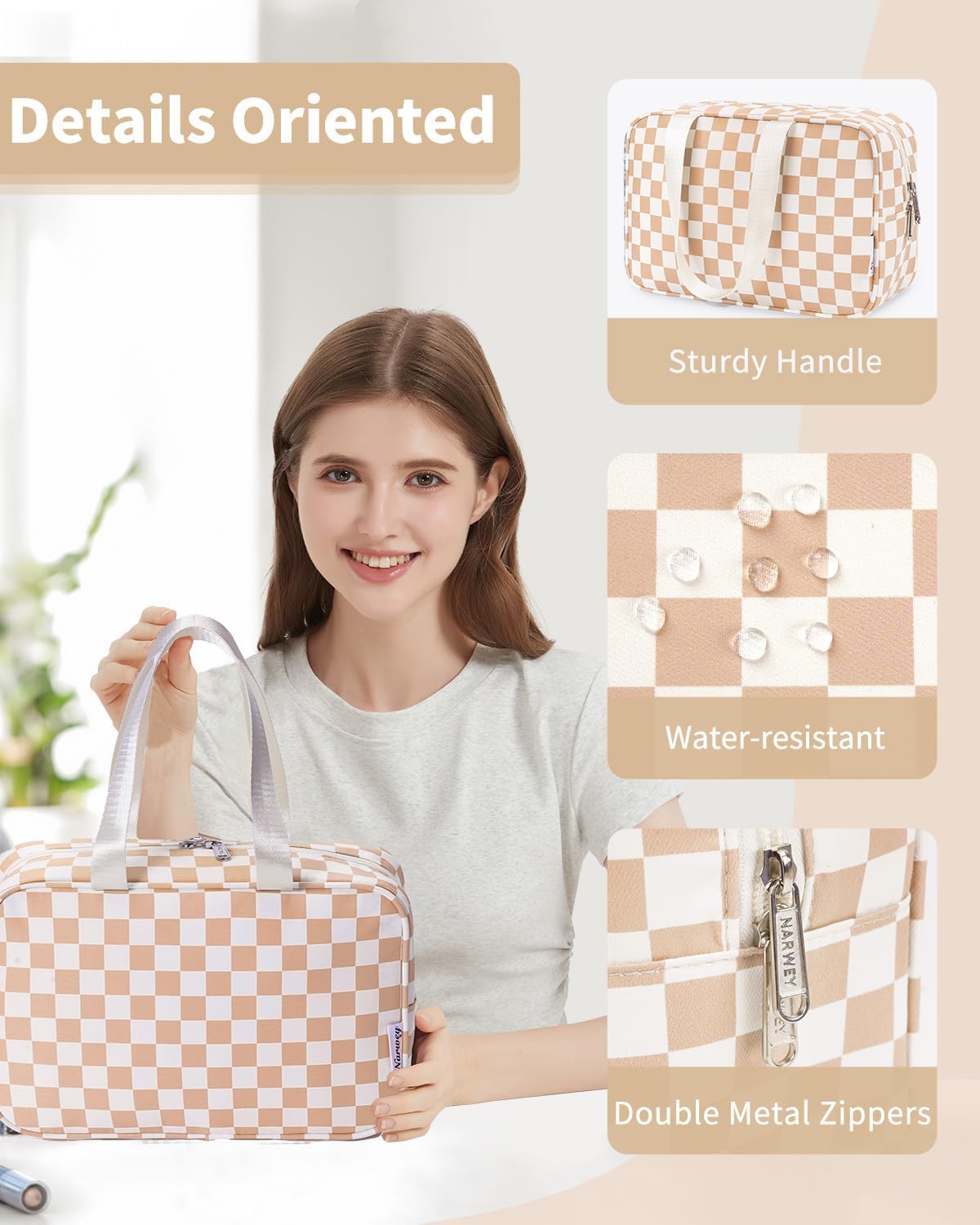 Narwey Large Checkered Travel Toiletry Bag Women Toiletries Bag Makeup Bag with Handle Make up bag Organizer Cosmetic Bag Medicine Bag for Girls (Light Checkerboard, Large)
