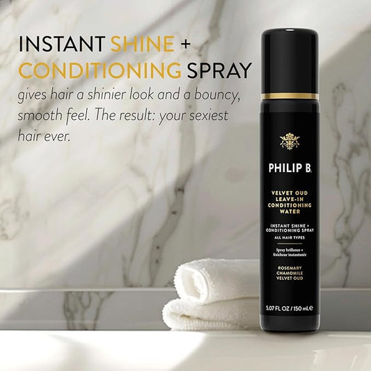 PHILIP B. Velvet Oud Leave-in Conditioning Water, 5.07 Fl. Oz. (150 ml) - Instant Shine and Conditioning Spray With Rosemary and Chamomile