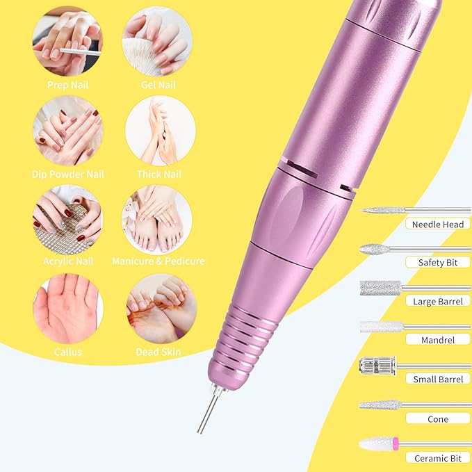 Portable Nail Drill Professional 35000 RPM, MOCOWIND Rechargeable Electric Nail File Machine for Acrylic Nails Gel Polishing, Cordless E-File with Bits Kit for Manicure Salon Home, Yellow & Purple