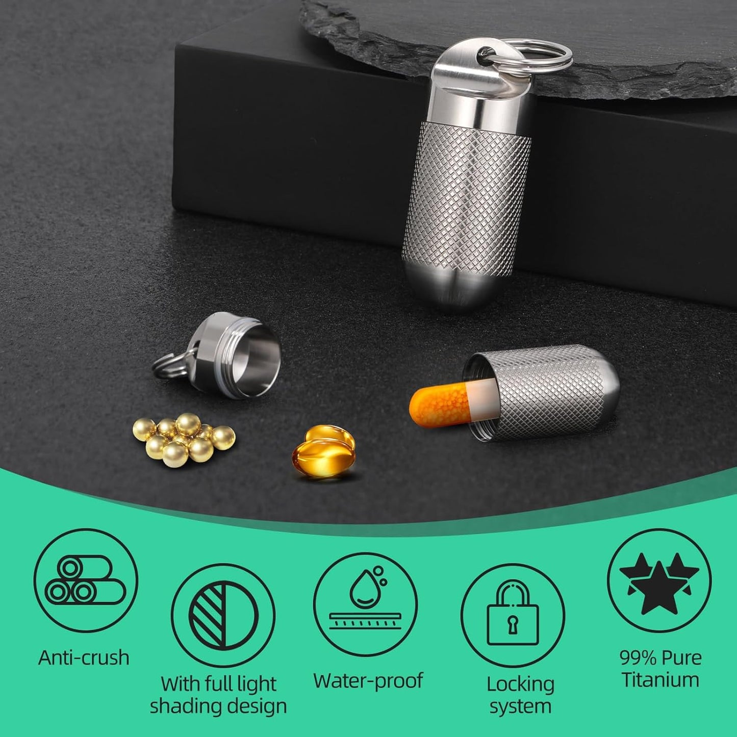 Titanium Keychain Pill Holder Waterproof Lightweight Portable Pocket Mini Pill Case for Emergency Medicine Travel Fits Daily Purse Wallet Small Pill Box Containers (Large)