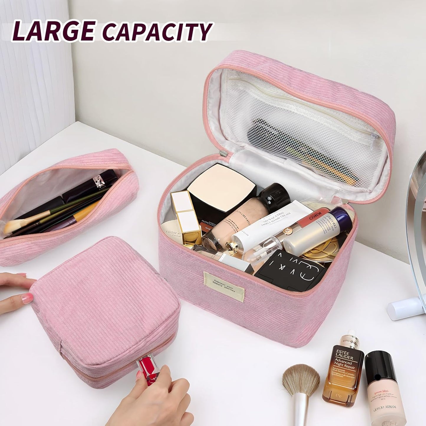 4 Pcs Makeup Bag for Women Corduroy Cosmetic Bag Aesthetic Cute Bags Multi Size Purse Pouch Travel Toiletry Bag Set Makeup Organizer with Zipper (PinkCorduroy)