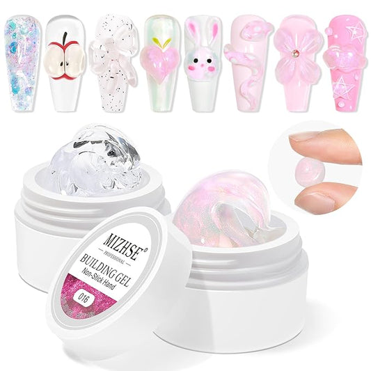 MIZHSE Solid Builder Gel, Aurora Pink & Clear Sculpting Gel for Nails, Non-Sticky 3D Nail Art Mermaid Pearl Building Carving Modeling Sculpture Hard Extension Manicure Salon Home DIY