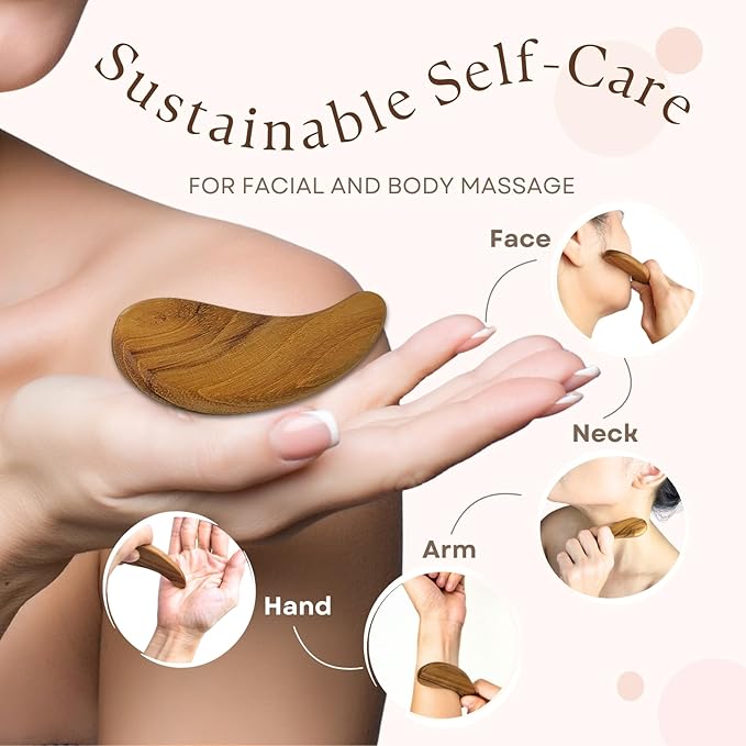 Teak Wood Gua Sha Facial Tool for Face and Body Massage, Anti-Aging Reduce Puffiness Wrinkles Shape Jawline Skincare Routine Treatment, Wooden Gua Sha Massager with Travel Pouch for Gift Set