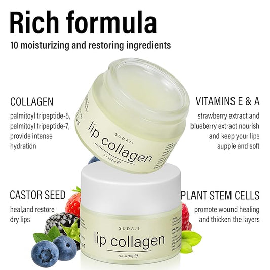 Lip Collagen + Peptide Complex, Collagen Lip Balm with Vitamins E, A -Lip Butter to Nourish & Hydrate Dry Cracked Lips, Moisturizing Lip Mask Overnight, Gentle exfoliating Lip Butter Balm