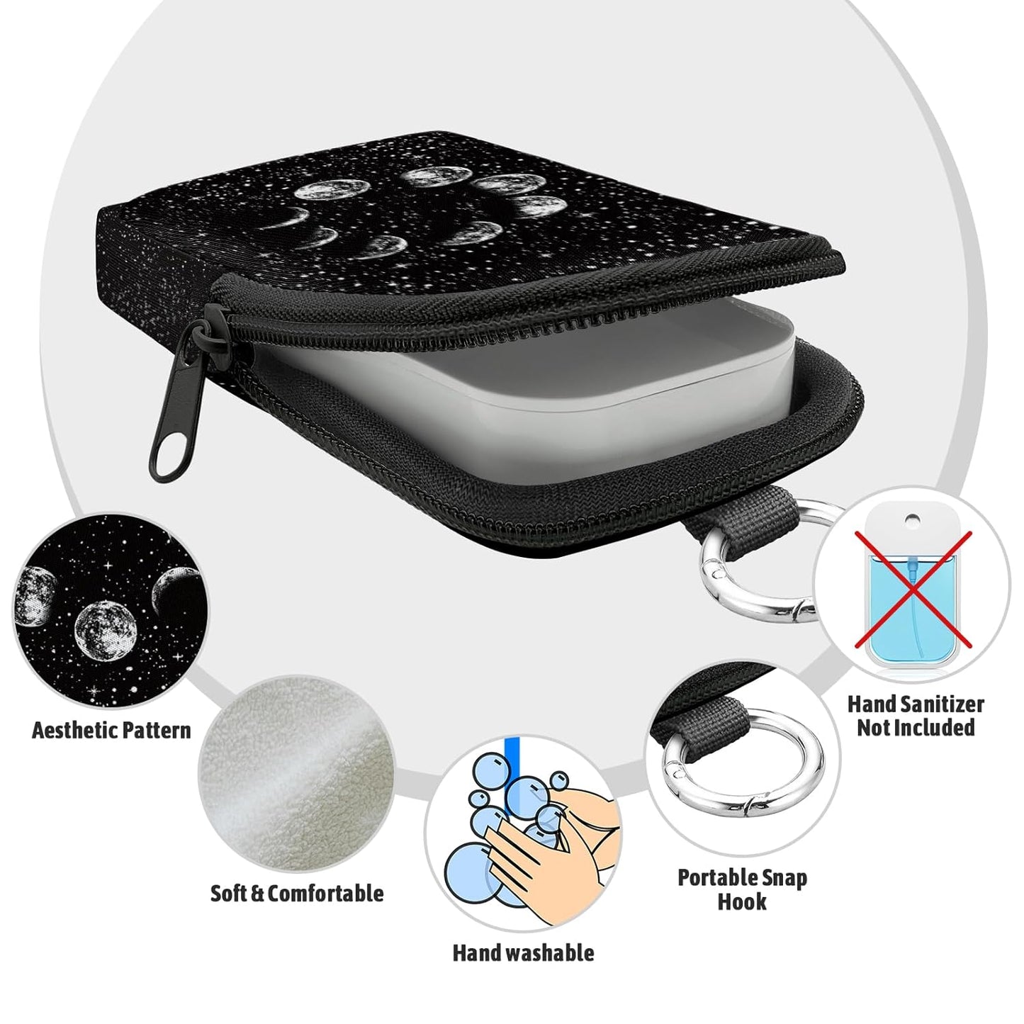 Lunar Eclipse Hand Sanitizer Spray Case, Cute Hand Sanitizer Holder Zippered Pouch, Moon Fashion Accessory with Snap Hook for Glow Mist and Power Mist 1FL OZ