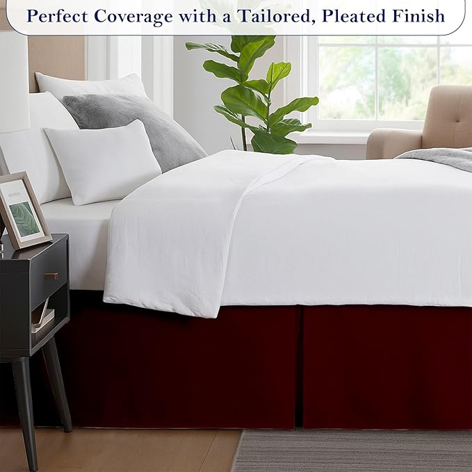 Full Bed Skirt, Luxury 12 Inch Drop Burgundy Pleated Bed Skirt, Double Brushed Microfiber, Box Pleat Design, Wrinkle & Fade Resistant, Easy Fit Tailored Bedskirt for Full Size Beds