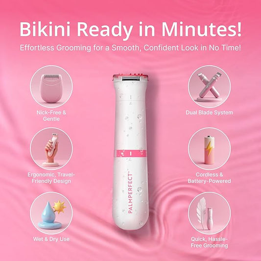Clio PALMPERFECT Electric Bikini Trimmer - Travel-Friendly Hair Shaver for Smooth, Dual Blade for Close Shave, Use Wet or Dry - Battery-Powered + Trimming Guide Included