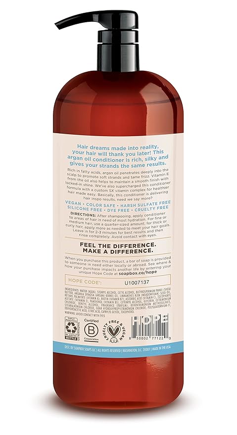 Soapbox Argan Oil Conditioner, Sulfate Free, Paraben Free, Silicone Free, Color Safe, and Vegan Hair Conditioner (33.8 Ounces)