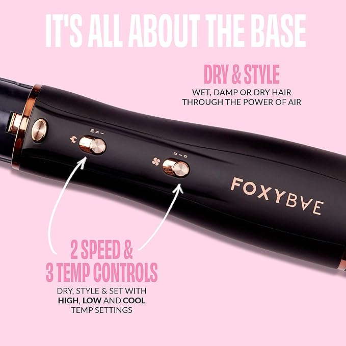 FoxyBae 3-in-1 Ceramic Interchangeable Hair Tools - Blowout Dryer - 3 Detachable Heads: 2.4" Blowout Brush, 1.5" Hot Round Brush & Drying Cylinder Hair Dryer Brush & Hair Styling Set [Black Rose-Gold]