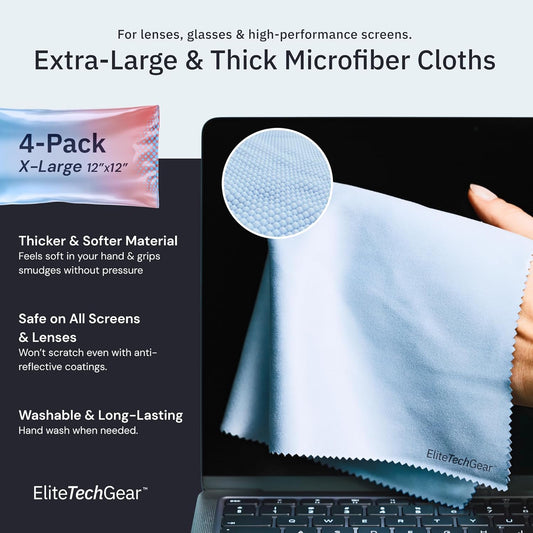 Elite Screens Microfiber Cleaning Cloth - 12 x 12 in, Pack of 4, Blue - Glasses Cleaning Cloth & Lens Wipes for Eyeglasses & Screens