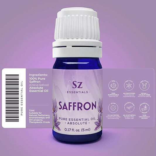 Saffron Essential Oil, 100% Pure, Extracted from Stigmas of The Saffron Flower - Spicy & Floral Scent with Earthy Overtones - Therapeutic Grade & Vegan - 0.17oz (5ml)