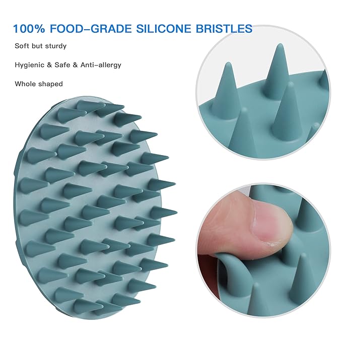 Scalp Massager Shampoo Brush, Wet & Dry Manual Scalp Care Head Scrubber Hair Washing, Soft Silicone Bristles, for Hair Growth, Dandruff Removal, Comfortable for All Hair Types (Dark Green+Gray)