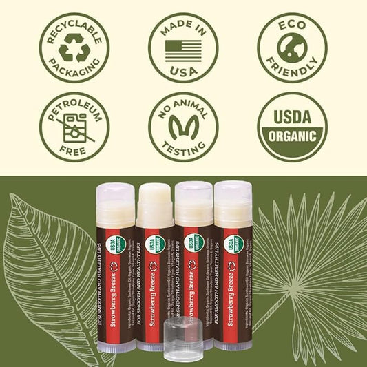 USDA Organic Lip Balm 4-Pack by Earth's Daughter - Strawberry Flavor, Beeswax, Coconut Oil, Vitamin E - Best Lip Repair Chapstick for Dry Cracked Lips.