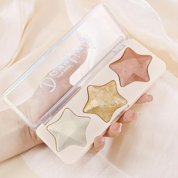 Boobeen 3 Colors Baked Shimmer Highlight & Blush Palette, Powder Palette Facial Bronzers Illuminator Makeup Palette, Lightweight Highlighter Blusher Contour for Cheeks, Lasting Natural Glowing