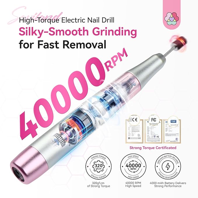 SAVILAND Essentials Electric Nail Drill: 40000RPM High-Torque Nail File Quick Removal for Acrylic Nails Easy Operation Portable Nail Drill for Beginner Home DIY Nail Art Manicure Pedicure
