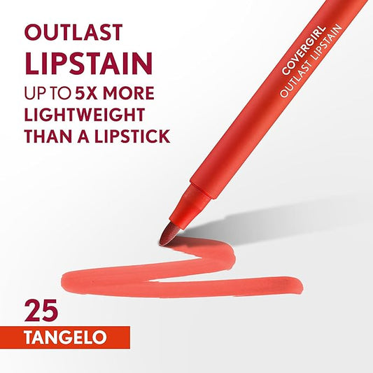 COVERGIRL Outlast, 25 Tangelo, Lipstain, Smooth Application, Precise Pen-Like Tip, Transfer-Proof, Satin Stained Finish, Vegan Formula, 0.06oz