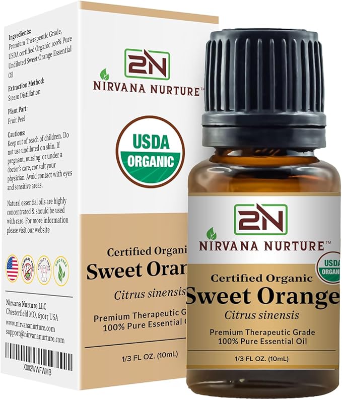 Sweet Orange Essential Oil USDA Certified Organic 100% Pure Premium Therapeutic Grade, Undiluted - Aromatherapy Diffuser for Calm and Relaxation, Skin Care, Hair Care