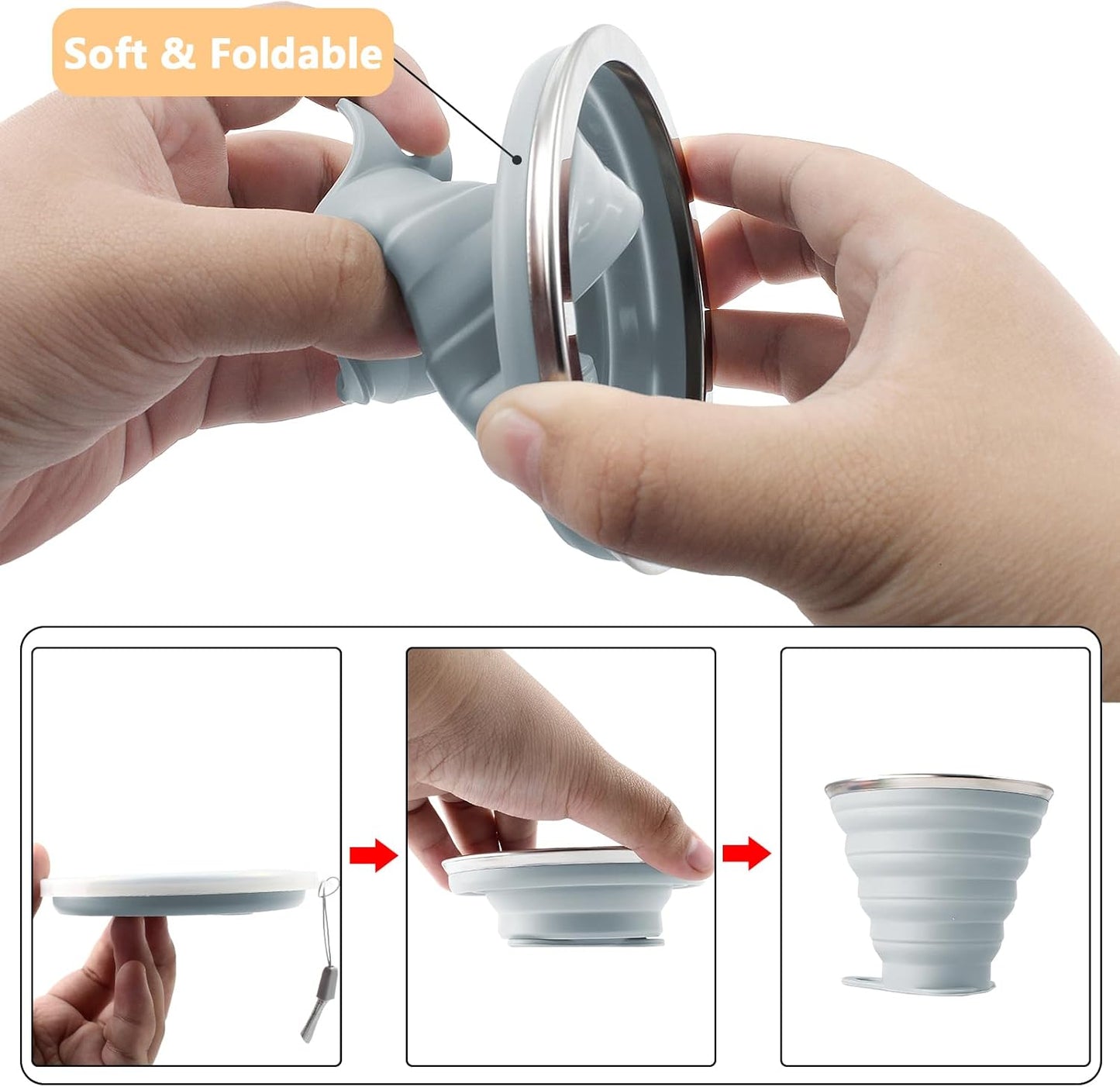 Litoexpe 4 Pack Silicone Collapsible Travel Cup Portable Folding Camping Cup Sets with Lids, Mint Green & Light Gray & Mustard Yellow & Light Brown, Capacity 9.22oz (270ml)