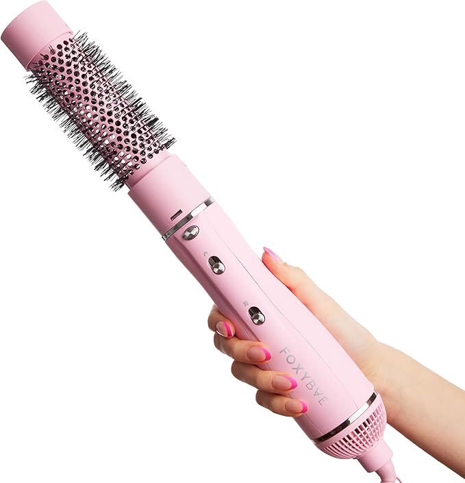 FoxyBae 3-in-1 Ceramic Interchangeable Hair Tools - Blowout Dryer - 3 Detachable Heads - 2.4" Blowout Brush, 1.5" Hot Round Brush & Drying Cylinder Hair Dryer Brush & Hair Styling Set [Party Pink]