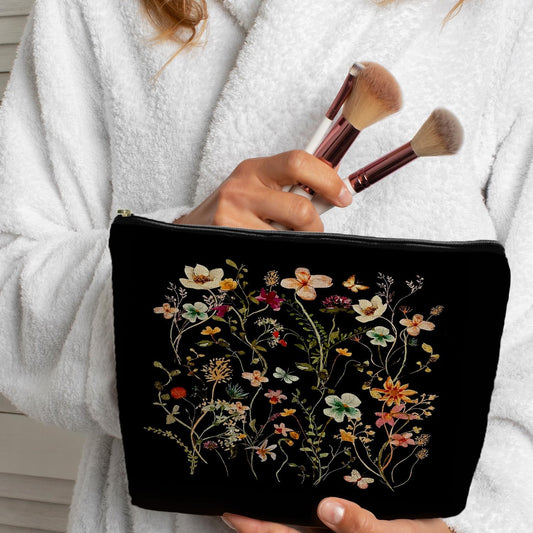 Black Floral Makeup Bag - Small Flower Zipper Cosmetic Bag for Women & Girls