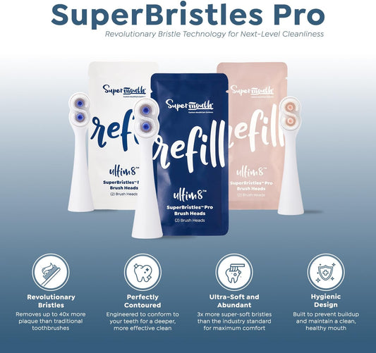 SuperMouth® SuperBristles® Pro Replacement Brush Heads for Ultim8 SmartBrush – Ultra-Soft Bristles Remove 40X More Plaque, 3X Denser, Advanced Sonic Cleaning, Dual Modes, 3 Color Options