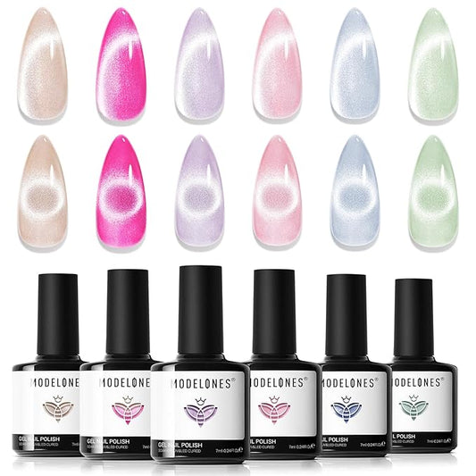 Modelones Cat Eye Gel Nail Polish, 6 Colors Glitter Summer Pink Blue Green Blue Gel Polish Set with Magnet Sparkle Translucent Nail Polish Kit Soak Off Led Nail Art Manicure Salon DIY Gifts