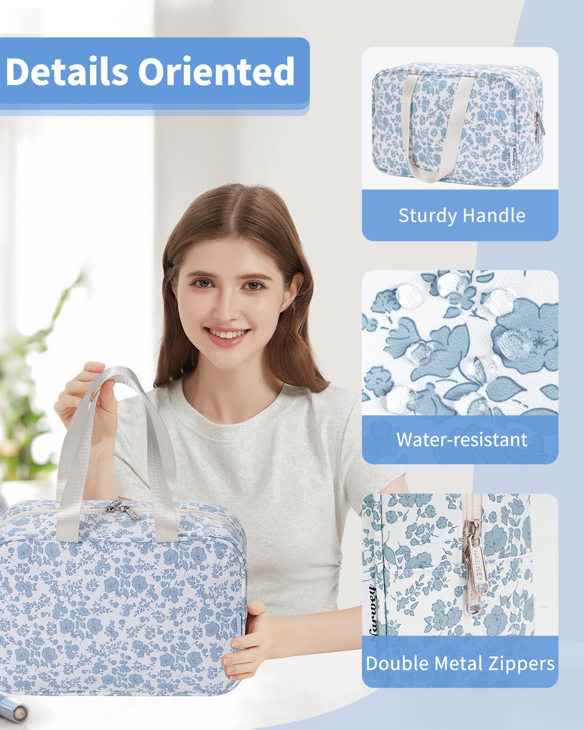 Narwey Full Size Toiletry Bag Women Large Cosmetic Bag Travel Floral Makeup Bag Organizer Medicine Bag for Toiletries Essentials Accessories (Little Blue Flower,Large)