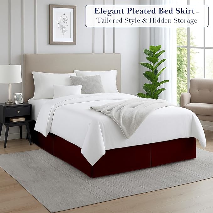 Queen Bed Skirt, Luxury 12 Inch Drop Burgundy Pleated Bed Skirt, Double Brushed Microfiber, Box Pleat Design, Wrinkle & Fade Resistant, Easy Fit Tailored Bedskirt for Queen Size Beds