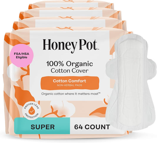 The Honey Pot Company - 64ct - Sanitary Pads for Women - Non-Herbal Super w/Wings - Organic - Cotton Cover, & Ultra-Absorbent Pulp Core - Feminine Care