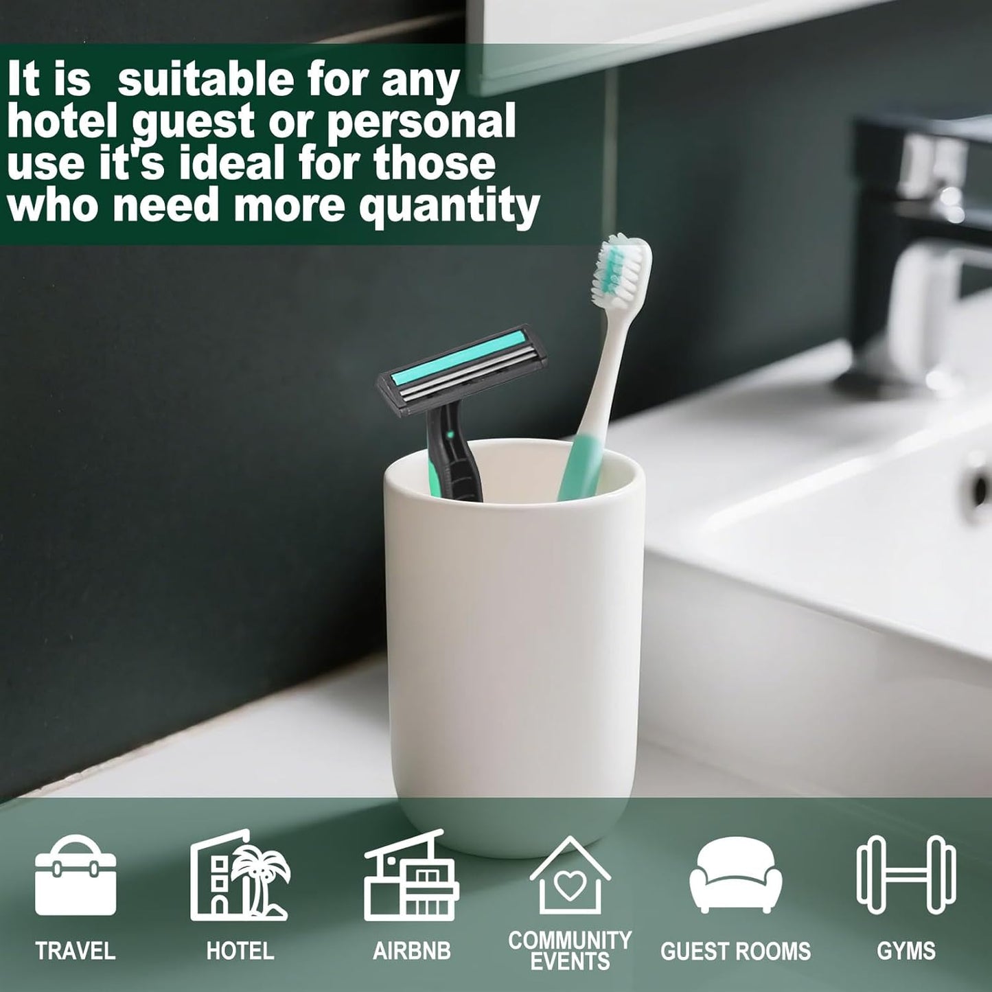 Disposable Twin Blade Razors in Bulk, Individually Wrapped - Clear Safety Cap, For Homeless, Hotel, Airbnb, Travel (pack of 100,green)