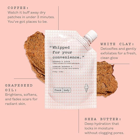 frank body Express-O Coffee Scrub | Natural, Vegan, Cruelty Free Exfoliating Body Scrub Smooths, Exfoliates, and Fades Scars & Marks with Shea Butter, Grapeseed Oil, and White Clay | 5.07 oz / 15 g
