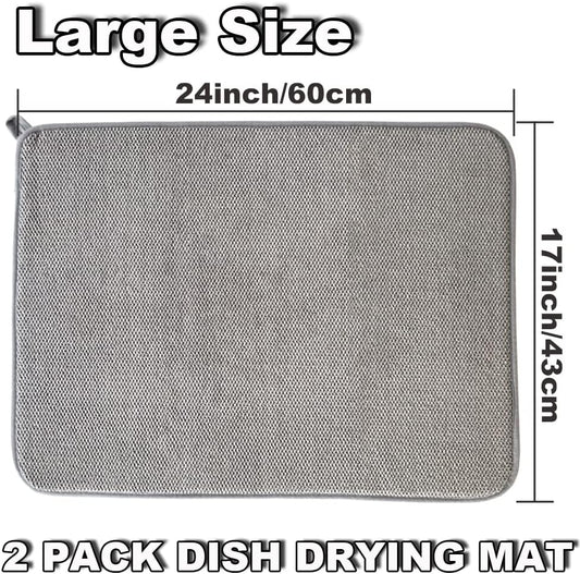 2Pack Large Dish Drying Mat for Kitchen Counter,24 x 17 Inch Microfiber Absorbent Dish Drying Pad,Large Size Dishes Drainer Mats for Countertops,Sinks,Draining Racks(Gray)