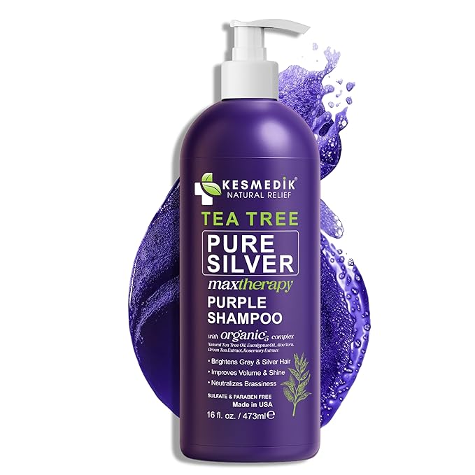 Tea Tree Purple Shampoo for Blonde, Bleached, Silver & Grey Hair, Anti-Brass Toner, Boosts Highlights & Color, Revitalizes, Relieves Itchy Scalp & Salon-Grade Hair Toner Shampoo.