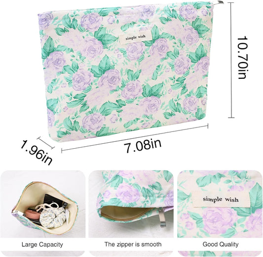 Wudygirl Makeup Bag Floral Cosmetic Bag Toiletry Bag for Women Large Capacity Makeup Pouch Canvas Pencil Pouch Cute Make up Organizer with Zipper (Light Purple Rose)