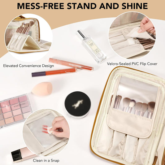 Travel Makeup Bag Women's Large Capacity Cosmetic Portable Organizer Large Opening Waterproof Storage Toiletry Bags Vertical Free-Standing Brush Holder for Easy Access Orange