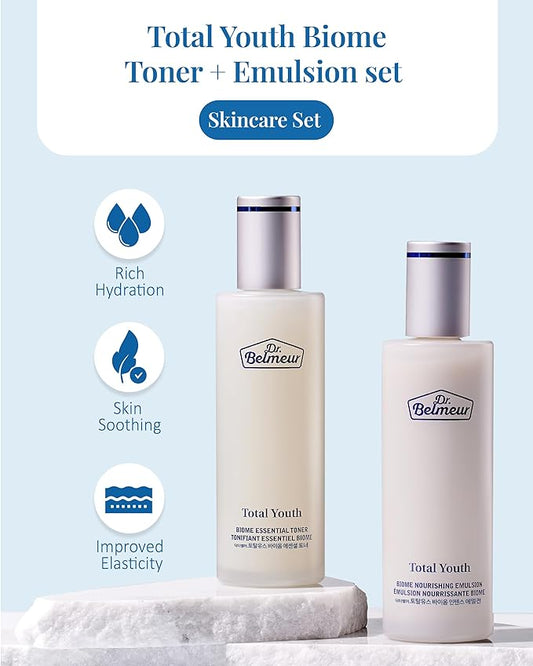 Total Youth Biome (Skincare Set, 12.2fl oz) - Premium Total Age-Defying Toner + Emulsion Set for Wrinkles, Elasticity, Hydration & Skin Tone. Korean Skin Care by LG Beauty. Collagen,