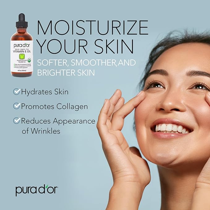 PURA D'OR 4 Oz ORGANIC Vitamin E Oil Blend - 100% Natural Hexane Free, Sweet Almond, Apricot, Jojoba, Argan, Rosehip, Sunflower & Avocado Bath Oil For Scars, Skin, Face & Full Body