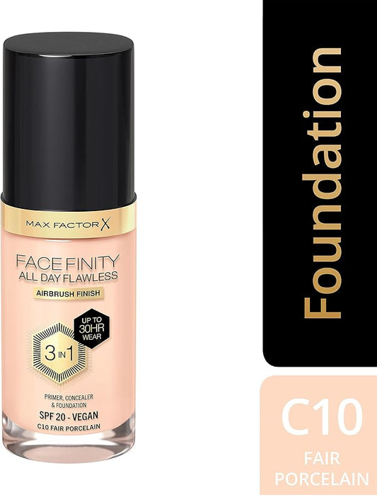 Max Factor Facefinity 3-in-1 All Day Flawless Liquid Foundation, SPF 20-10 Fair Porcelain, 30 ml