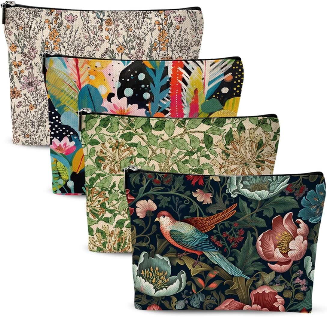 4 Pcs Cosmetic Bags for Women Makeup Bag, Thank You Gifts Christmas Birthday Friendship Gifts for Girls Friends Bestie Grandma Teacher Travel Toiletry Bag, Vintage Abstract Botanical Flower Bird