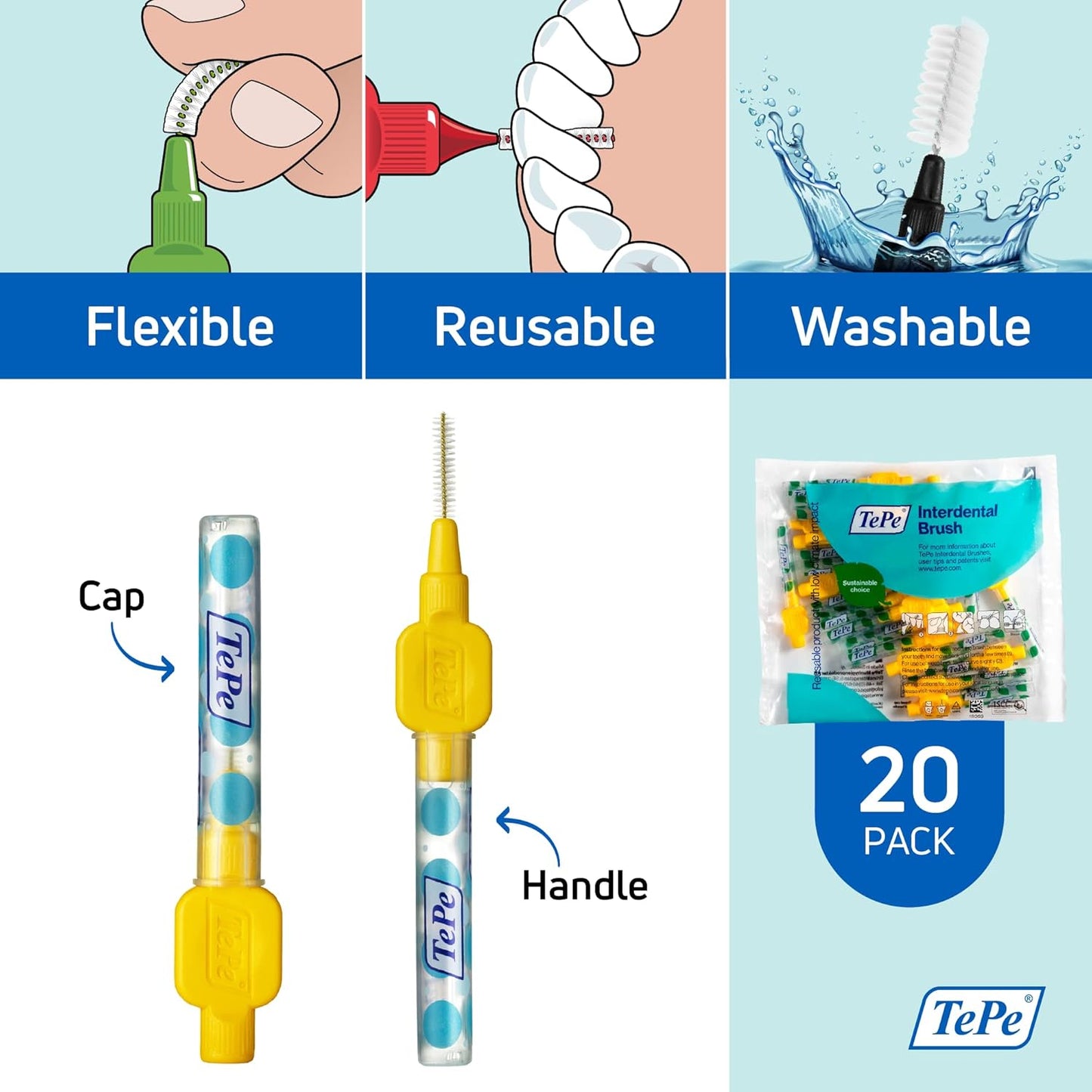 TePe Interdental Brush Original, Soft Dental Brush for Teeth Cleaning, Pack of 20, 0.7 mm, Medium Gaps, Yellow, Size 4