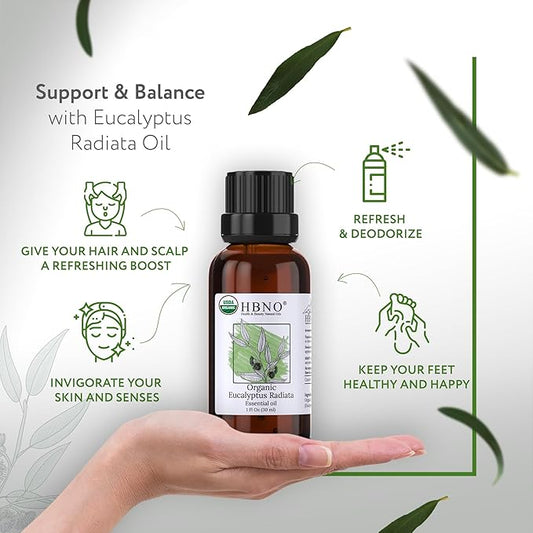 HBNO California Bottled Organic Eucalyptus Essential Oil (Radiata) 1 fl oz (30ml) - USDA Certified Organic Eucalyptus Oil - Perfect Eucalyptus Oil Essential Oil for Aromatherapy