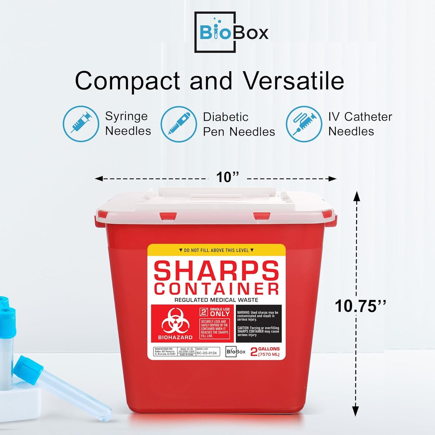 Sharps Container Large - Sharps Containers for Home Use and Labs - Portable Needle Disposal and Travel Size Biohazard Bin - 2 Gallon (Pack of 2)