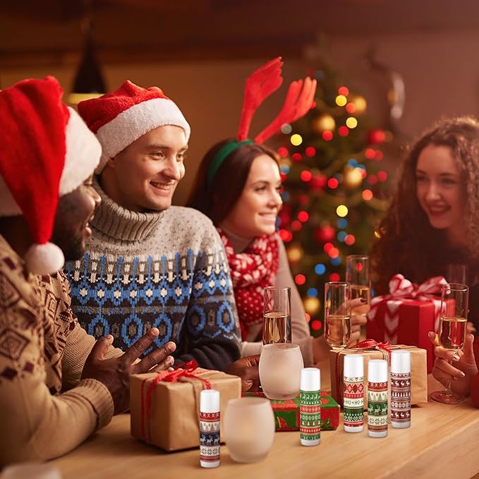 Dunzy 50 Pcs Lip Balm in Bulk Christmas Gift Set Moisturizing Lip Ugly Sweater Baby Shower Party Favor Supplies with Assorted Fruit Flavors for Women Men Dry Chapped Lips Holiday Gift Prize