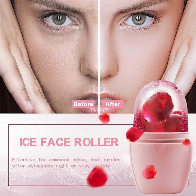 XHJRI Ice Face Roller Massager,Ice Cube Roller for Face, Eyes and Neck Naturally Conditioning and Skin Care,De-Puff Eye Bags,Reduce Migraine Pain,Reusable Massage Silicone Ice Mold (New Pink White)